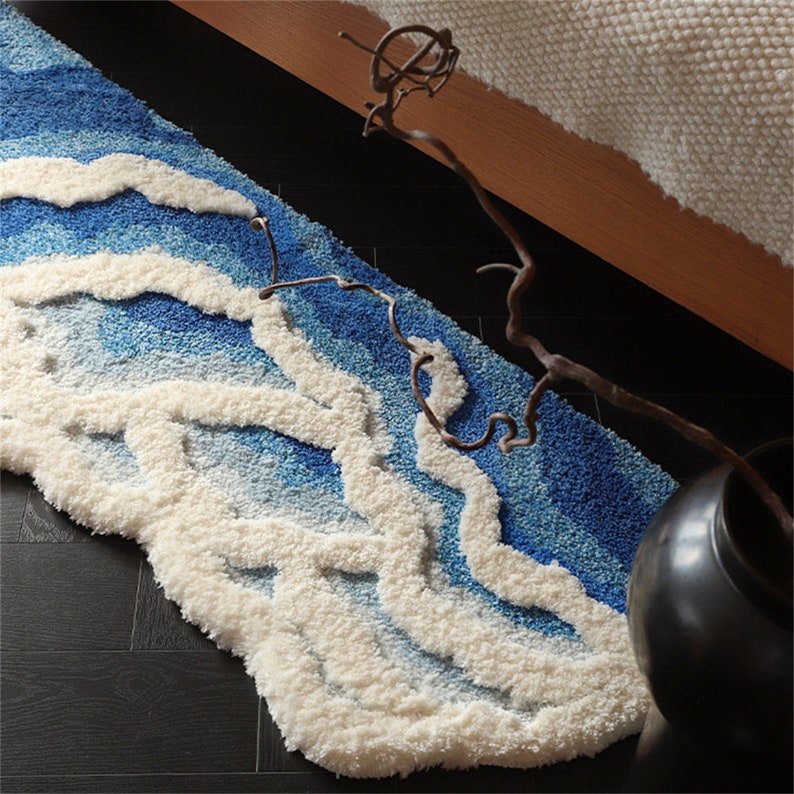 Feblilac Blue Ocean Wave Bedroom Rug Long Runner