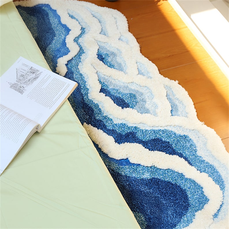 Feblilac Blue Ocean Wave Bedroom Rug Long Runner - view 2
