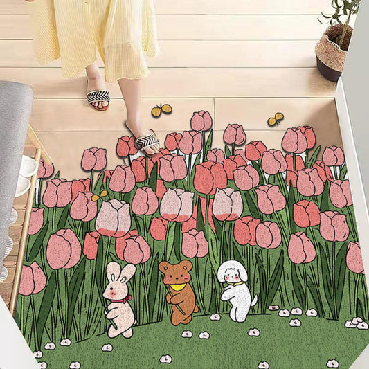 Feblilac Pink Tulips and Cute Animal PVC Coil Door Mat