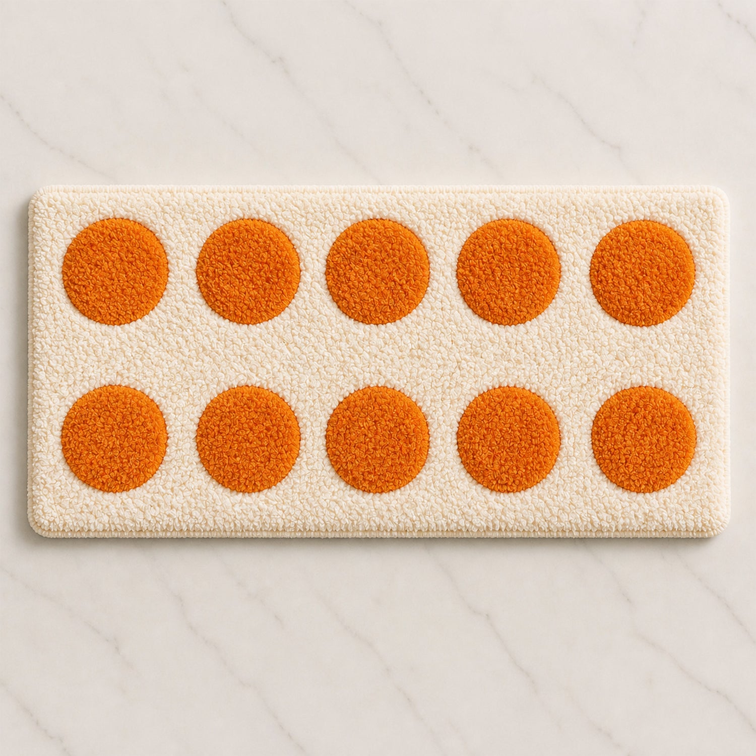 Flat lay of Feblilac moon phase runner rug with orange dots