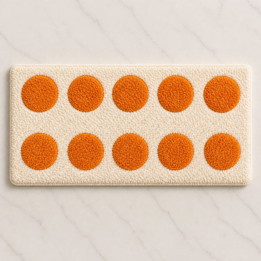 Flat lay of Feblilac moon phase runner rug with orange dots