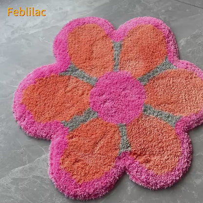 Feblilac Pink Orange Six-petal Flower Tufted Bath Mat