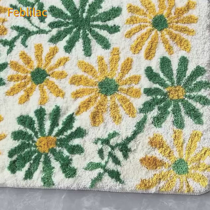 Feblilac Green Yellow Flowers and Green Leaves Tufted Bath Mat