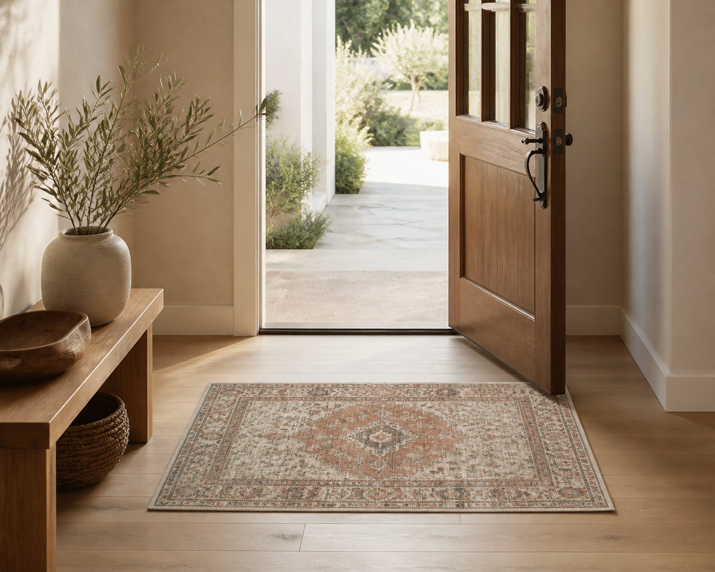 Door mat styled in an entryway