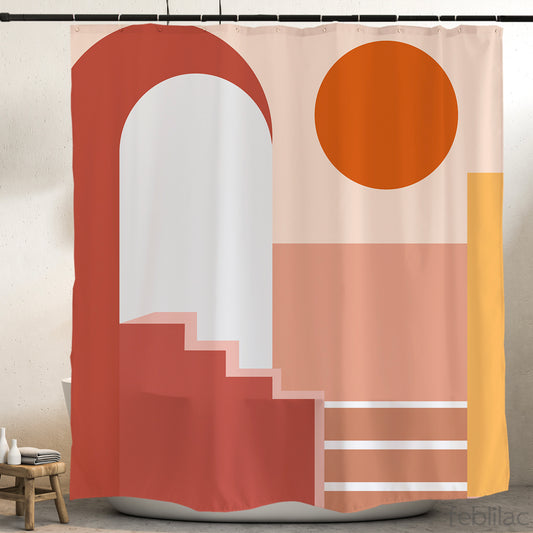Feblilac Red Color Block Modern Abstract Shower Curtain with Hook