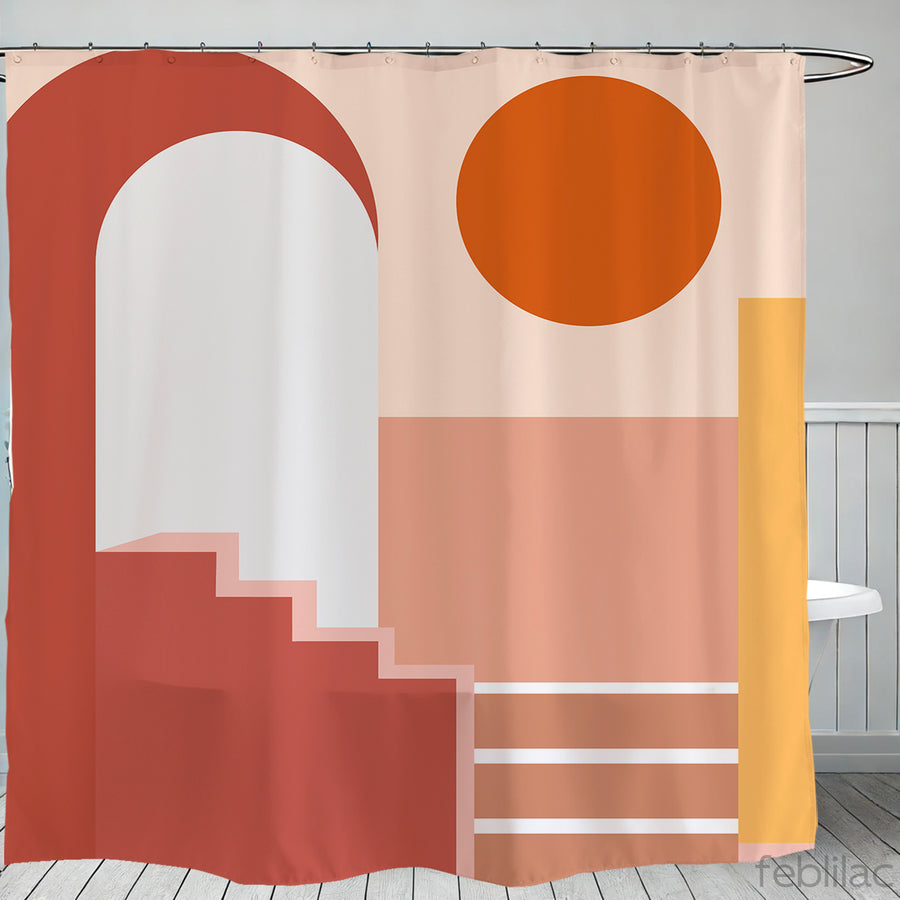 Feblilac Red Color Block Modern Abstract Shower Curtain with Hook - view 2