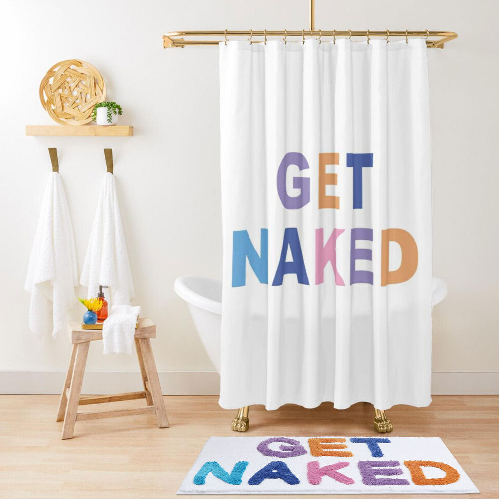 Feblilac Colorful Get Naked White Ground Shower Curtain with Hooks, Multiple Sized Blue Bathroom Curtains with Ring, Unique Bathroom décor, Quotation Shower Curtain, Customized Shower Curtains, Extra Long Shower Curtain - Feblilac® Mat