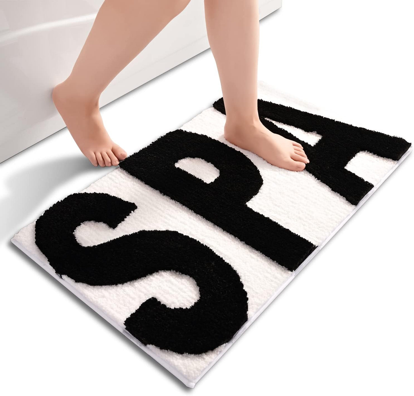 Feblilac Rectangular White and Black Letter SPA Print Tufted Bath Mat