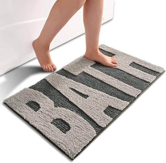 Feblilac Rectangular Grey Letter Print Tufted Bath Mat