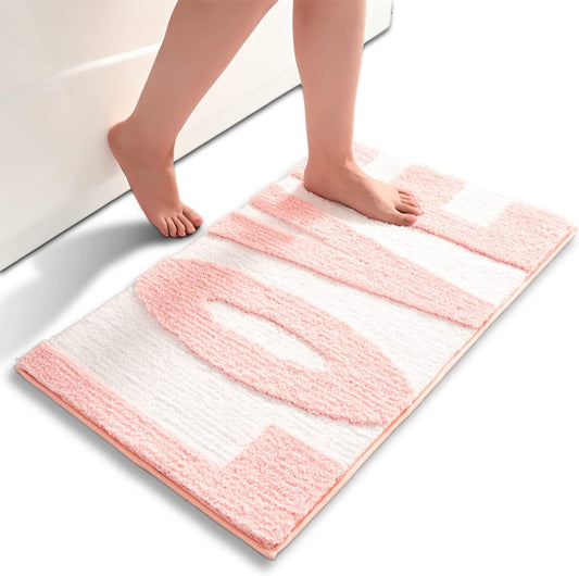 Feblilac Rectangular White and Pink Letter Print Tufted Bath Mat