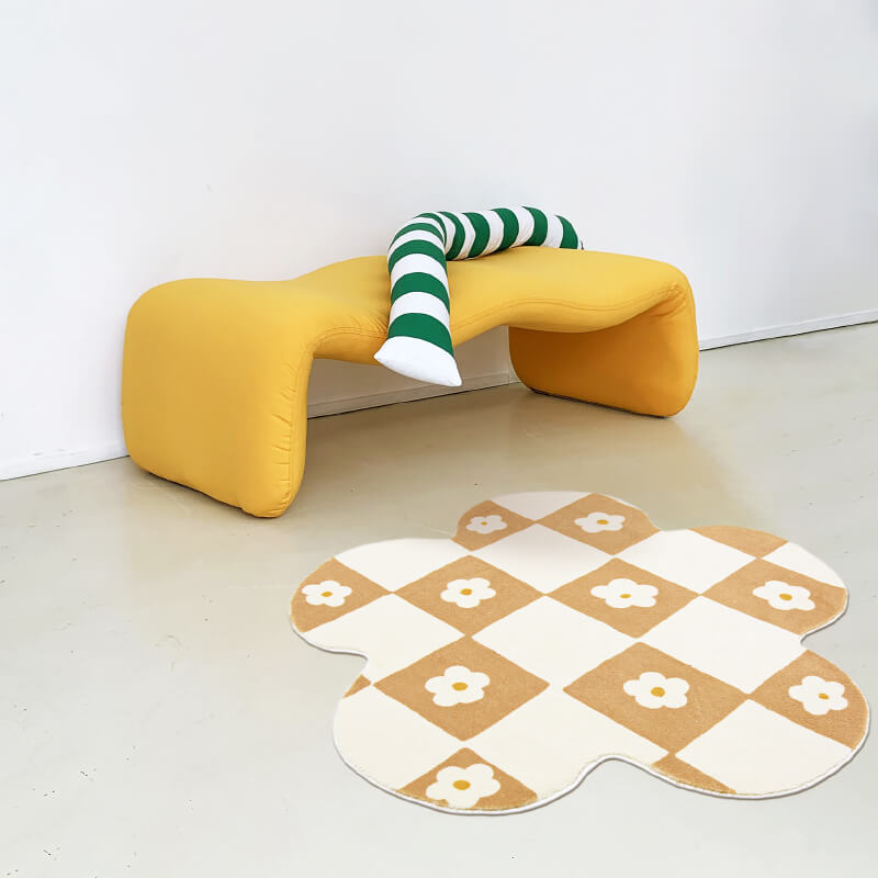 Flower Shaped Cream and Green Checked Bedroom Mat