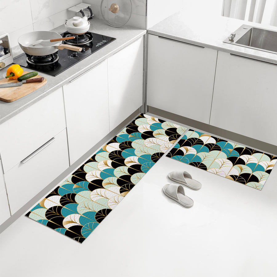 Feblilac Abstract Blue and Black Leaves PVC Leather Kitchen Mat @Frank’s design - view 2