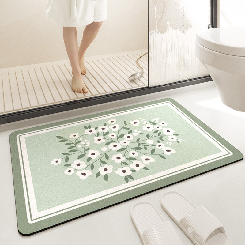 Feblilac White Flower Green Leaves Oval New Tech Velvet Bathroom Mat Toilet U-Shaped Floor Mat - view 3