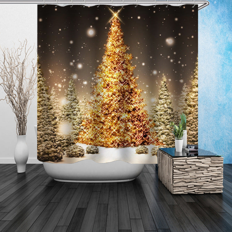 Feblilac Golden Christmas Tree Snow Night Shower Curtain with Hooks - Feblilac® Mat