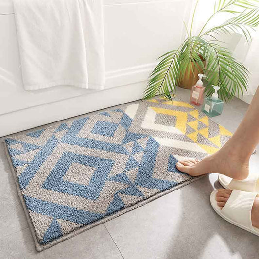 Feblilac Abstract Blue Yellow Grey Geometric Bath Mat - Feblilac® Mat