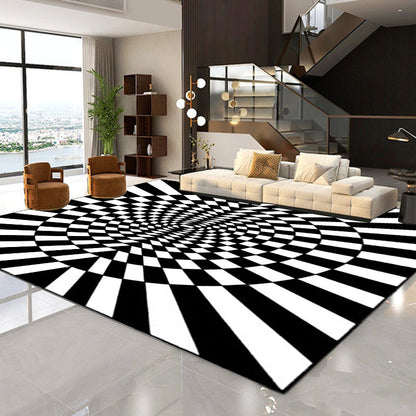 Novelty Living Room Rug in Black and White 3D Circle Stripe Print Rug Polyester Pet Friendly Washable Area Rug