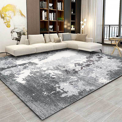 Grey and White Contemporary Rug Polyester Abstract Rug Washable Non-Slip Backing Carpet for Living Room