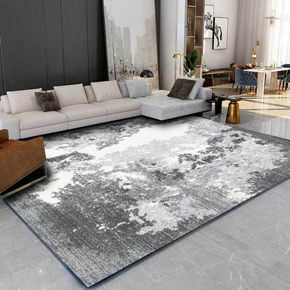 Grey and White Contemporary Rug Polyester Abstract Rug Washable Non-Slip Backing Carpet for Living Room