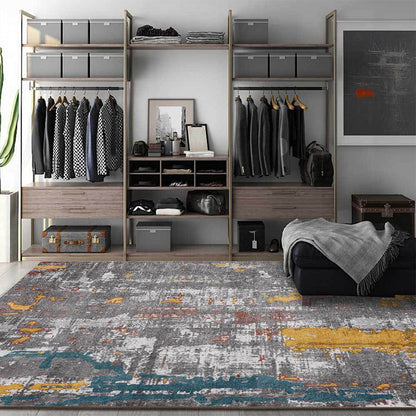 Industrial Abstract Rug Grey Polyester Rug Machine Washable Anti-Slip Backing Area Rug for Bedroom