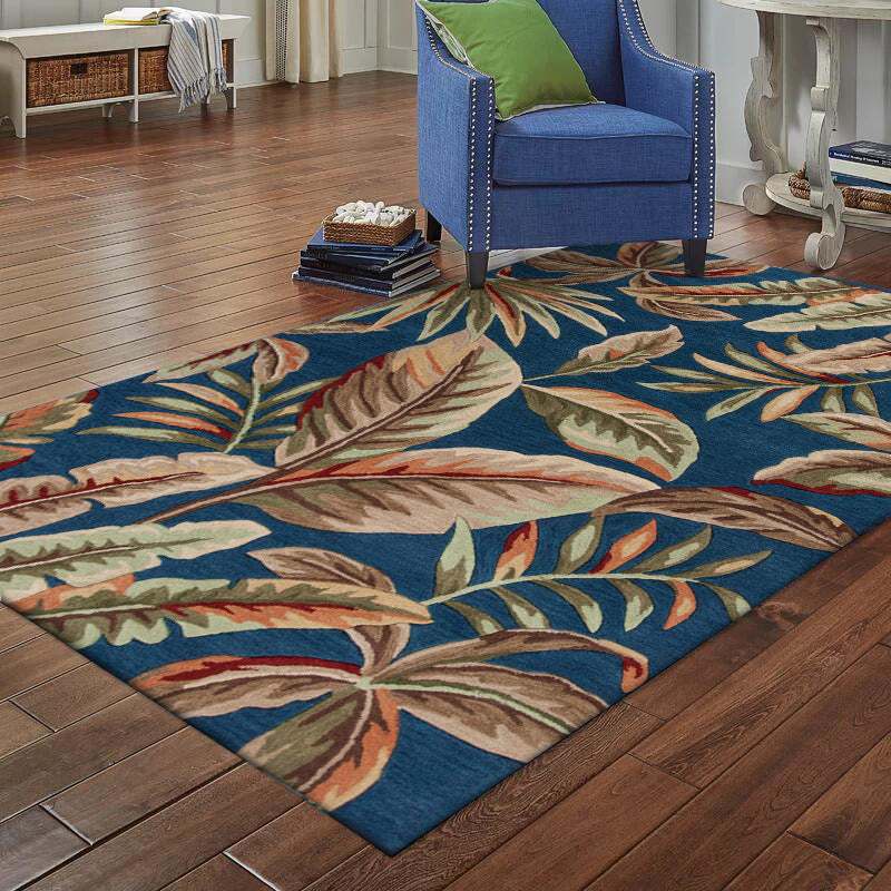 Blue Tropical Rug Polyester Leaf Print Rug Washable Non-Slip Backing Carpet for Living Room - Clearhalo - 'Area Rug' - 'Rug' - 1584164