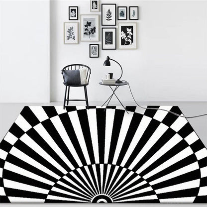 Novelty Living Room Rug in Black and White 3D Semicircle Stripe Print Rug Polyester Pet Friendly Washable Area Rug