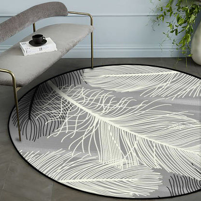 Grey and Black Tropical Rug Polyester Feather Print Rug Washable Non-Slip Backing Carpet for Living Room