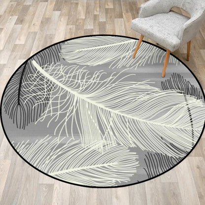 Grey and Black Tropical Rug Polyester Feather Print Rug Washable Non-Slip Backing Carpet for Living Room