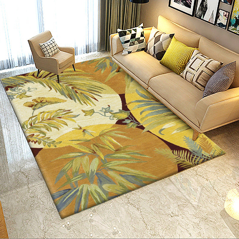 Orange Modern Rug Polyester Botanical Pattern Rug Washable Non-Slip Backing Carpet for Living Room