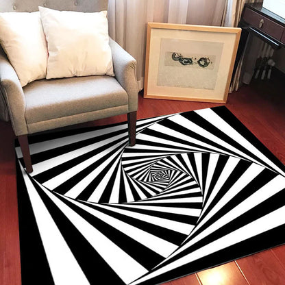 Novelty Living Room Rug in Black and White 3D Stripe Print Rug Polyester Non-Slip Machine Washable Area Rug