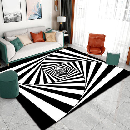 Novelty Living Room Rug in Black and White 3D Stripe Print Rug Polyester Non-Slip Machine Washable Area Rug