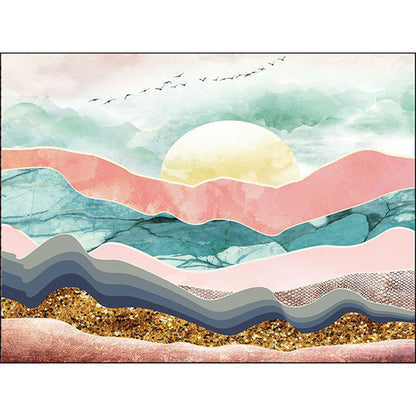 Novelty Living Room Rug Colorful Mountain Sun Bird Print Rug Polyester Pet Friendly Stain-Resistant Area Rug