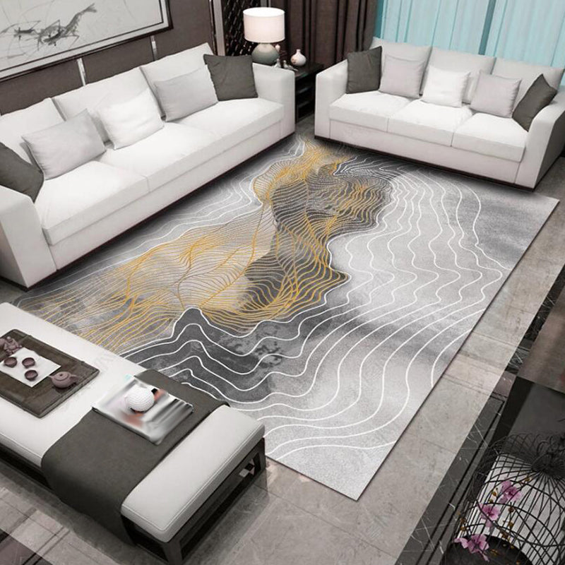 Grey Bedroom Rug Modern Abstract Swirl Pattern Area Rug Polyester Machine Washable Anti-Slip Backing Carpet