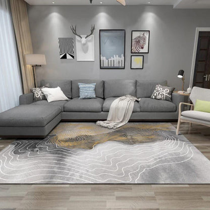 Grey Bedroom Rug Modern Abstract Swirl Pattern Area Rug Polyester Machine Washable Anti-Slip Backing Carpet