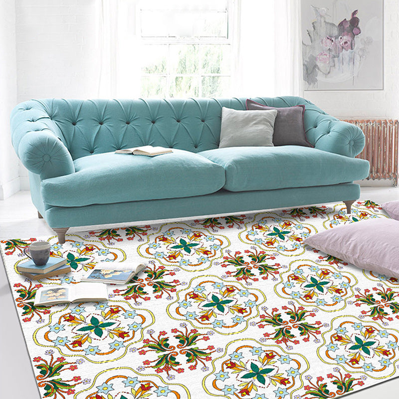 Ivory Bedroom Rug Moroccan Motif Pattern Area Rug Polyester Washable Stain-Resistant Carpet - view 3