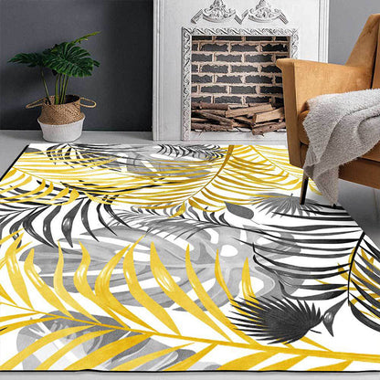 Yellow and White Casual Rug Polyester Leaf Print Rug Washable Non-Slip Backing Carpet for Living Room