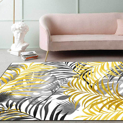 Yellow and White Casual Rug Polyester Leaf Print Rug Washable Non-Slip Backing Carpet for Living Room