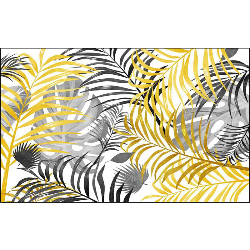 Yellow and White Casual Rug Polyester Leaf Print Rug Washable Non-Slip Backing Carpet for Living Room