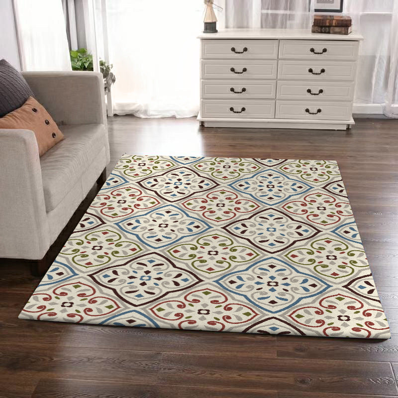 Ivory Bedroom Rug Moroccan Motif Pattern Area Rug Polyester Washable Stain-Resistant Carpet