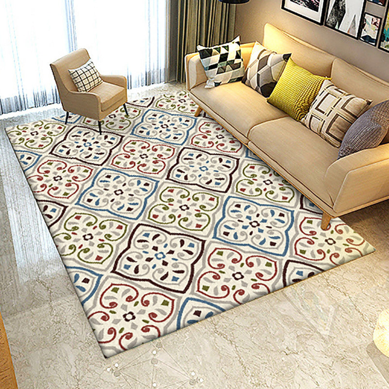 Ivory Bedroom Rug Moroccan Motif Pattern Area Rug Polyester Washable Stain-Resistant Carpet - view 4