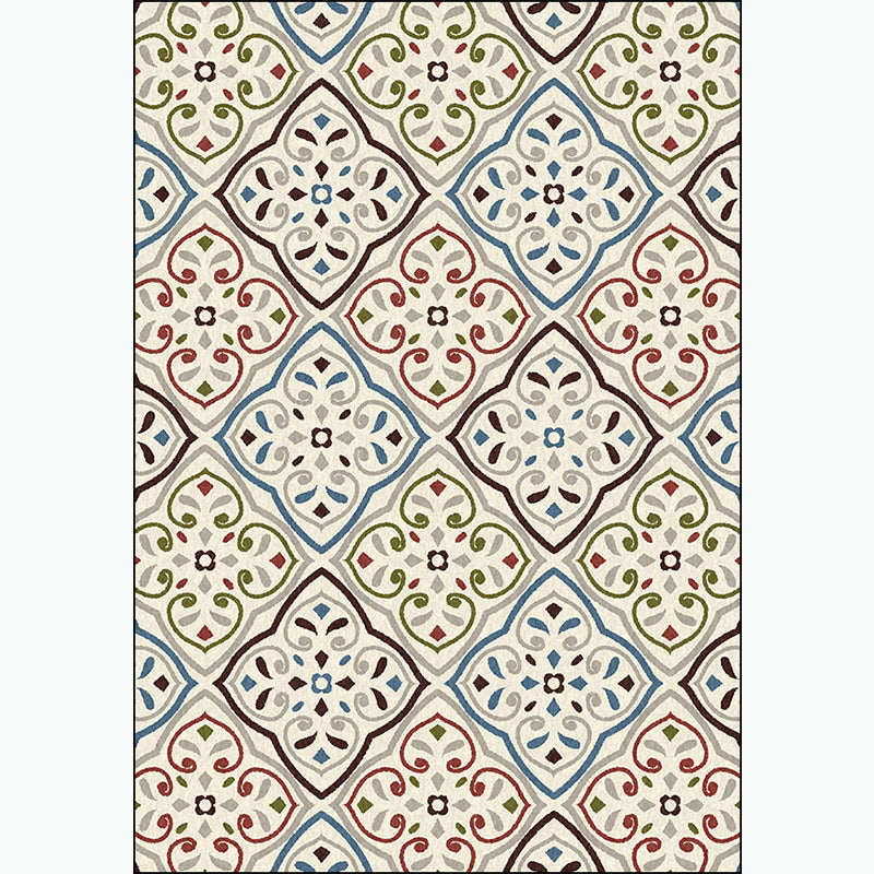 Ivory Bedroom Rug Moroccan Motif Pattern Area Rug Polyester Washable Stain-Resistant Carpet