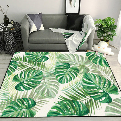 Funky Botanical Pattern Rug with Leaf Green Tropical Rug Polyester Washable Anti-Slip Backing Area Rug for Living Room