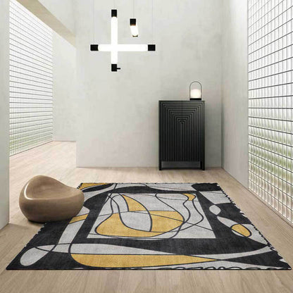 Novelty Living Room Rug in Grey Colorblock Lines Print Rug Polyester Machine Washable Area Rug