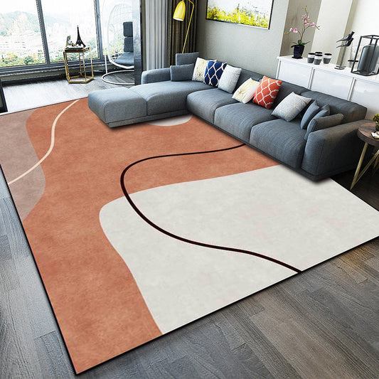 Orange Bedroom Rug Novelty Color Block Irregular Shape Line Pattern Area Rug Polyester Stain-Resistant Carpet