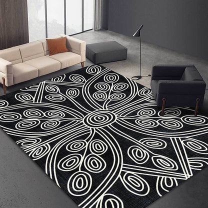 Novelty Living Room Rug in Black Geometric Line Print Rug Polyester Washable Anti-Slip Backing Area Rug