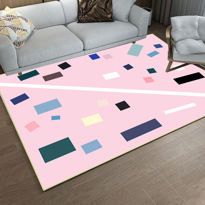 Nordic Novelty Rug in Pink Geometry Rectangle Pattern Rug Polyester Non-Slip Backing Carpet for Home Decoration