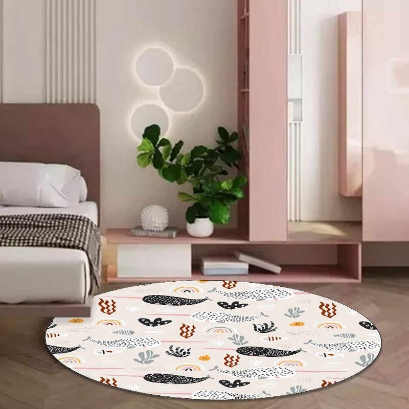 Cute Kids Rug in Ivory Animal Whale Leaf Pattern Rug Polyester Anti-Slip Washable Carpet for Nursery