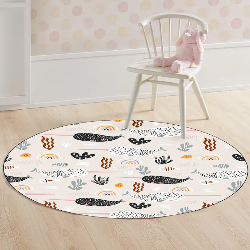 Cute Kids Rug in Ivory Animal Whale Leaf Pattern Rug Polyester Anti-Slip Washable Carpet for Nursery