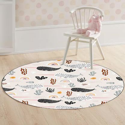 Cute Kids Rug in Ivory Animal Whale Leaf Pattern Rug Polyester Anti-Slip Washable Carpet for Nursery