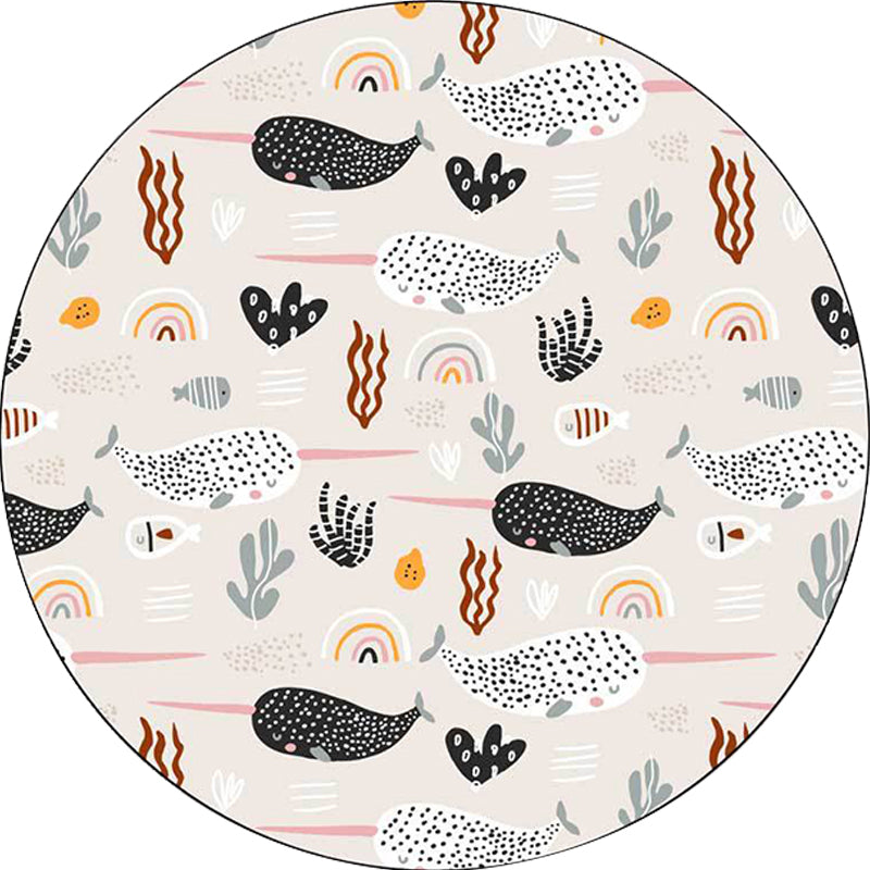 Cute Kids Rug in Ivory Animal Whale Leaf Pattern Rug Polyester Anti-Slip Washable Carpet for Nursery - view 3