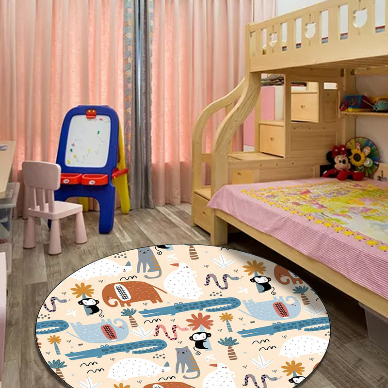 Ivory Child's Room Rug Kids Animal Elephant Monkey Crocodile Pattern Area Rug Polyester Pet Friendly Carpet - Apricot - Clearhalo - 'Area Rug' - 'Rug' - 1597590